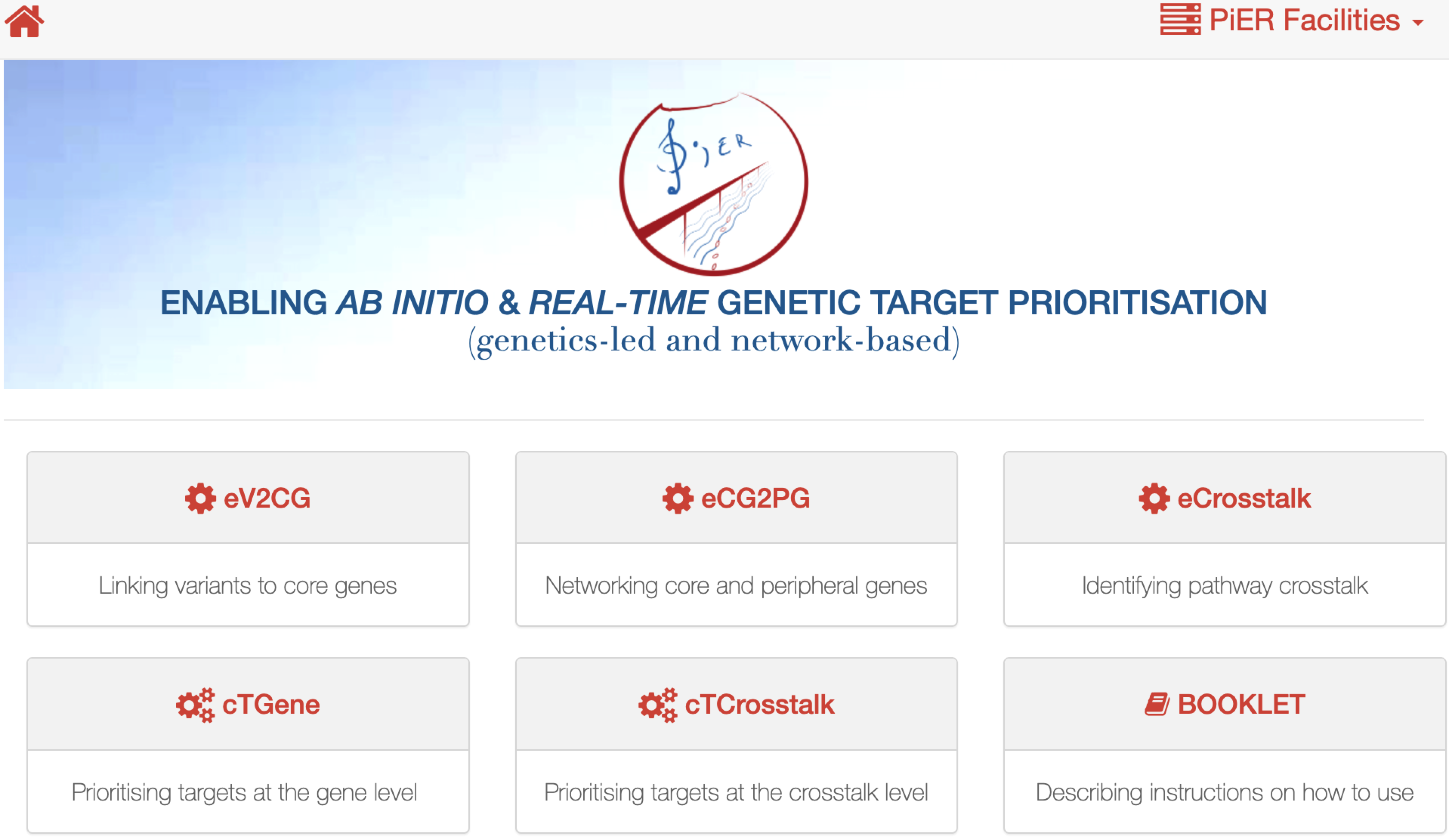 The landing frontpage (visited using Google Chrome in MacBook Pro) of the PiER, featuring two facilities (`elementary` and `combinatory`). The elementary facility includes: (i) `eV2CG`, linking disease associated variants (particularly located at the non-coding genomic region) to core genes likely responsible for genetic associations, based on either promoter capture Hi-C (PCHi-C, that is, conformation evidence), quantitative trait locus (QTL) mapping (that is, genetic regulation of gene expression or protein abundance), or simply genomic proximity; (ii) `eCG2PG`, using knowledge of protein interactions to ‘network’ core genes with each other and with additional peripheral genes as well, producing a ranked list of core and peripheral genes; and (iii) `eCrosstalk`, exploiting the information of pathway-derived interactions to identify highly-ranked genes that mediate the crosstalk between molecular pathways. By chaining together elementary tasks supported in the elementary facility, the combinatory facility enables automation of genetics-led and network-based integrative prioritisation for genetic targets: (iv) at the gene level (`cTGene`); and (v) at the crosstalk level (`cTCrosstalk`). Also included is the tutorial-like booklet (in an HTML format) describing step-by-step instructions on how to use.