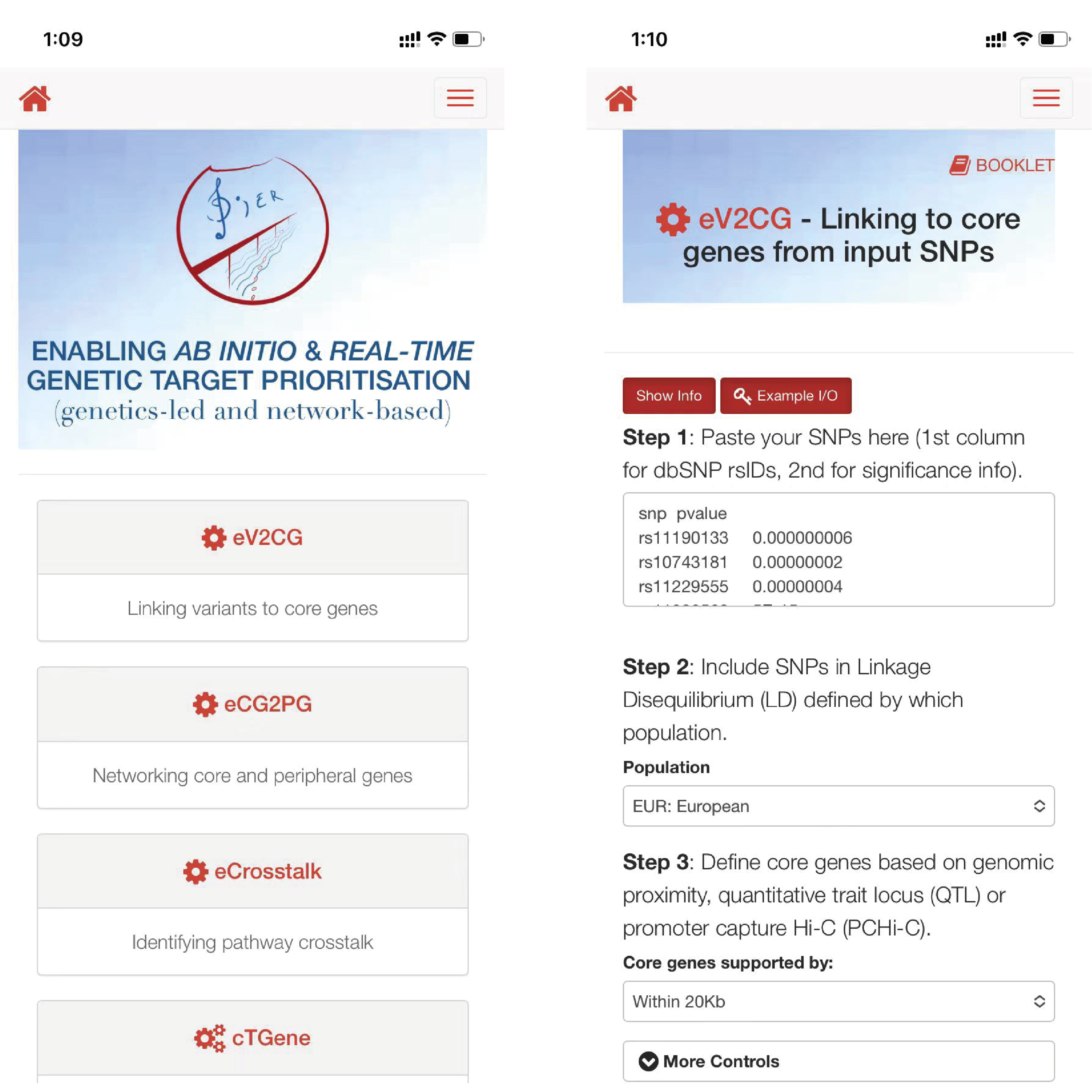 The screenshots for the PiER visited using Google Chrome in iPhone. Left: the frontpage; Right: the `eV2CG` interface.