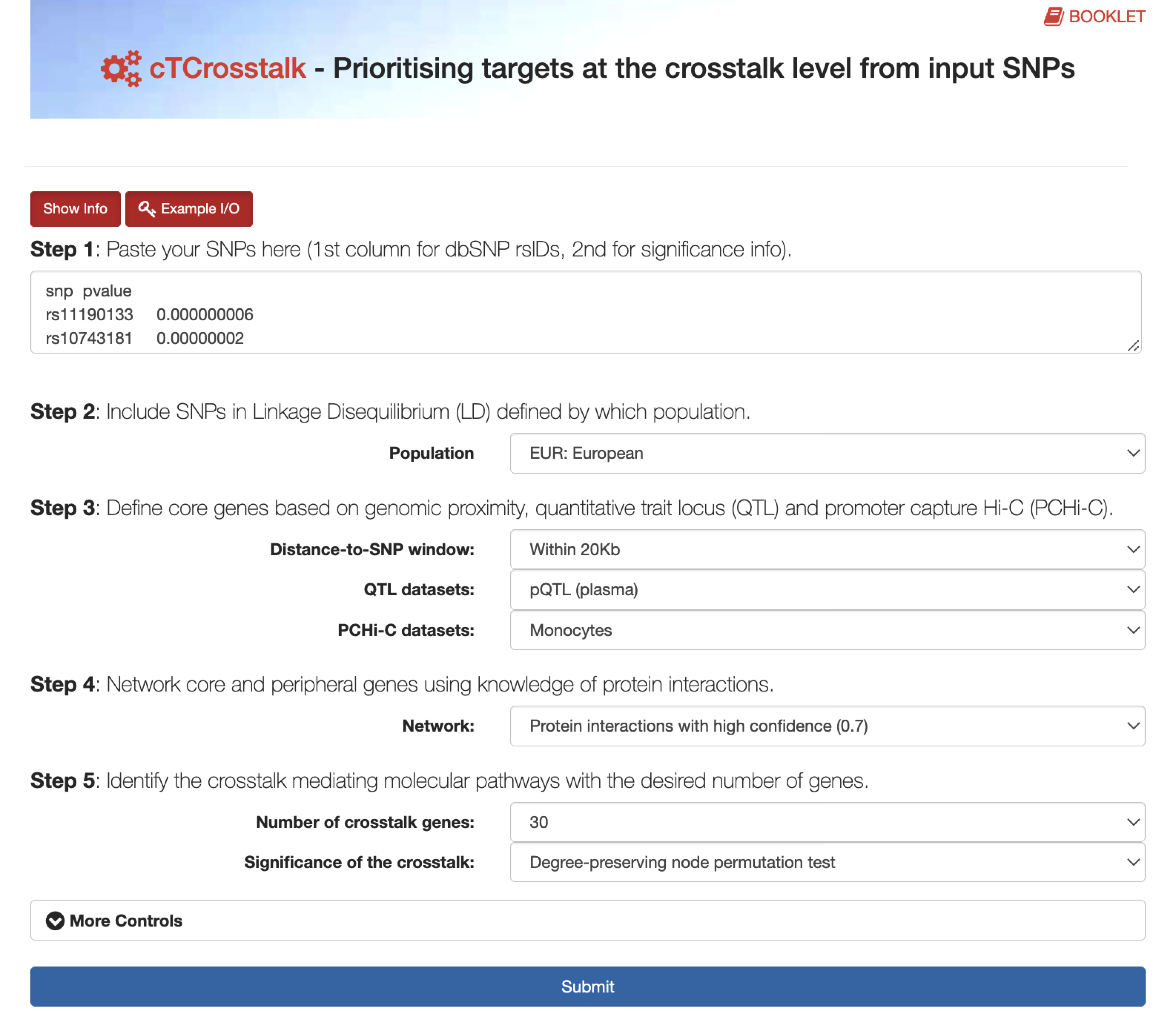 The interface of the `cTCrosstalk`, enabling/automating genetics-led and network-based identification and prioritisation of drug targets at the crosstalk level. The `Show/Hide Info` toggle button contains the help information on how to use the `cTCrosstalk`, including input, output, mechanism, etc.