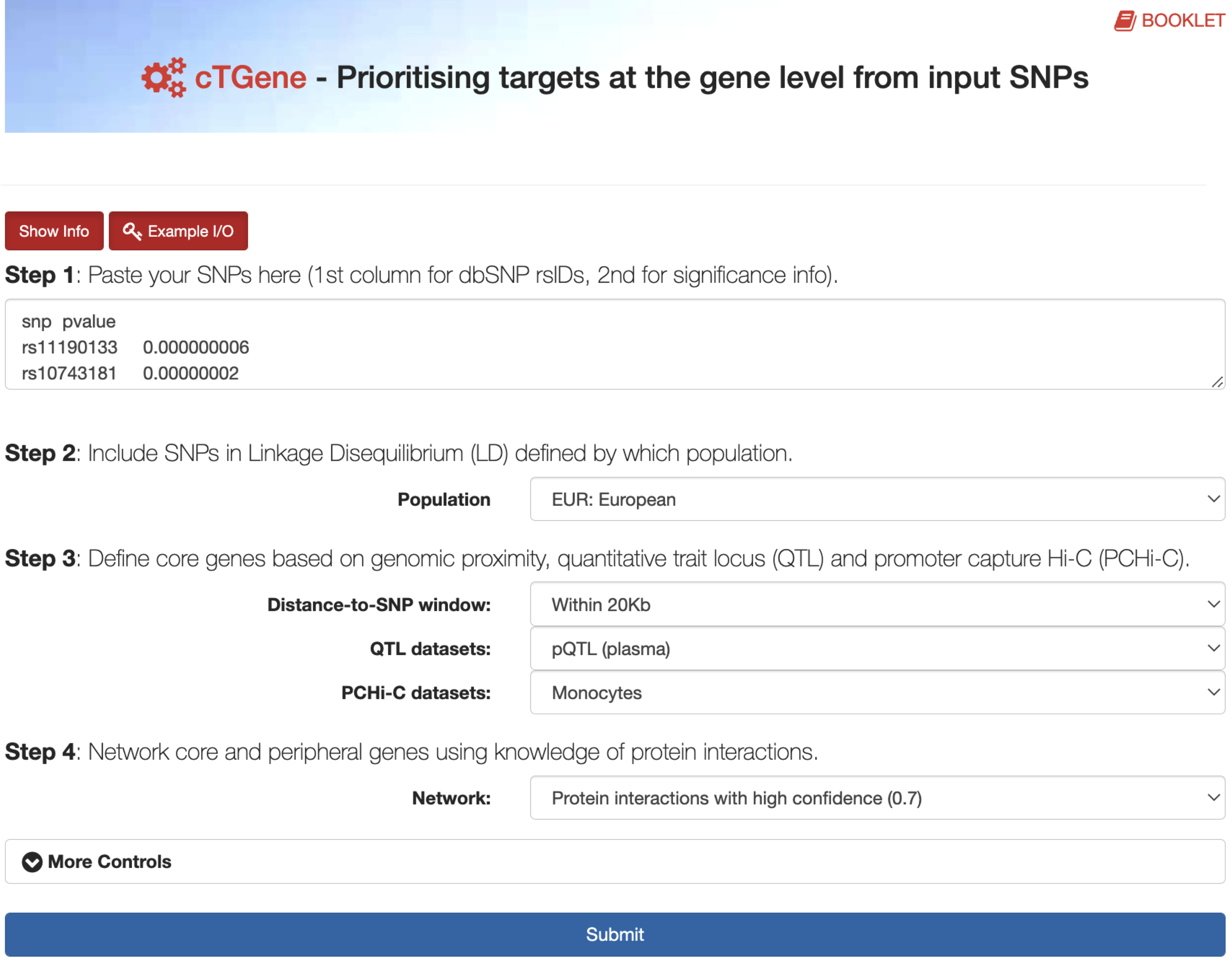 The interface of the `cTGene`, enabling/automating genetics-led and network-based identification and prioritisation of drug targets at the gene level. The `Show/Hide Info` toggle button contains the help information on how to use the `cTGene`, including input, output, mechanism, etc.