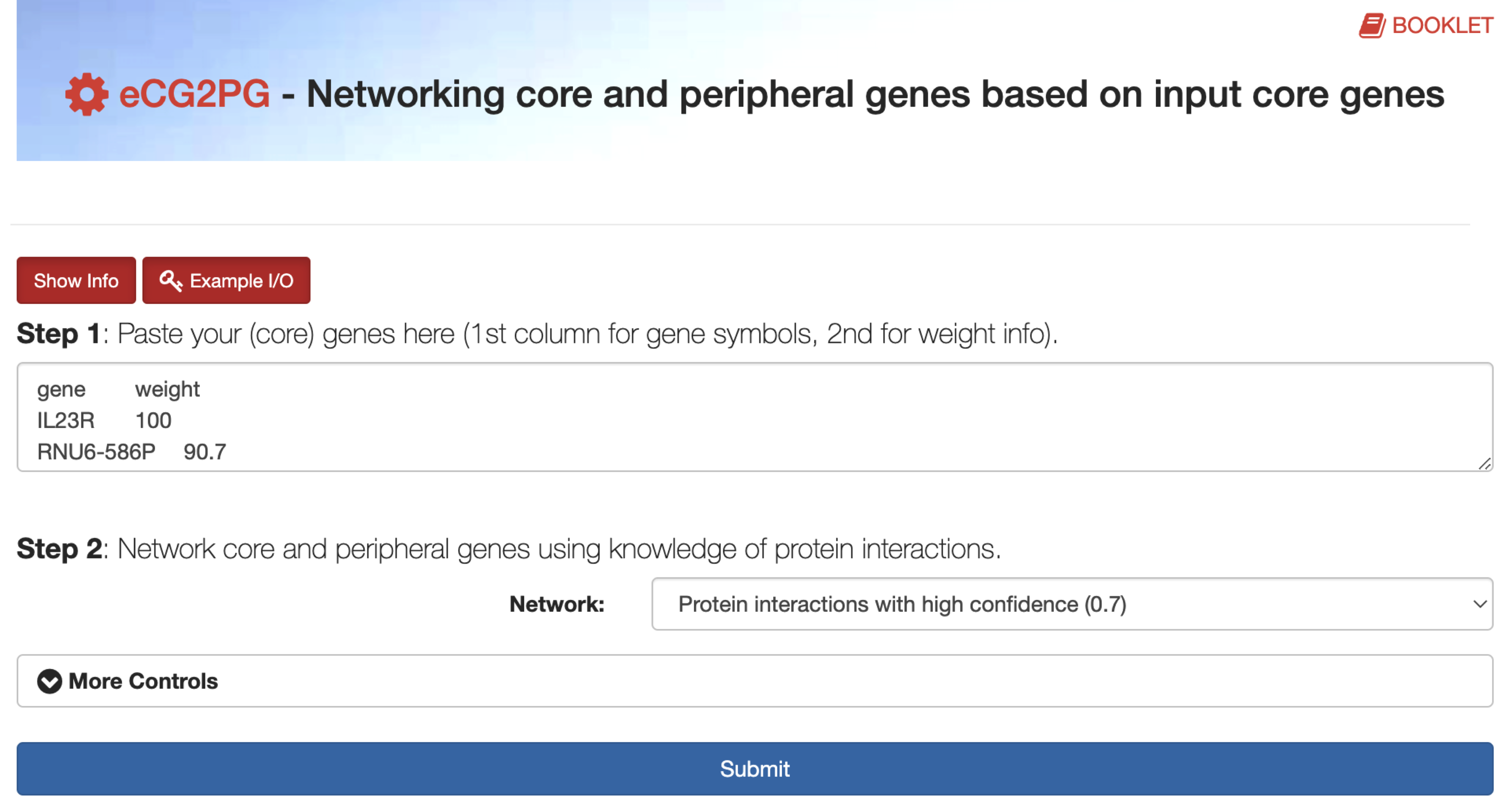 The interface of the `eCG2PG`, using the knowledge of protein interactions to ‘network’ core genes with each other and with additional (peripheral) genes as well, generating a ranked list of core and peripheral genes. The `Show/Hide Info` toggle button contains the help information on how to use the `eCG2PG`, including input, output, mechanism, etc.