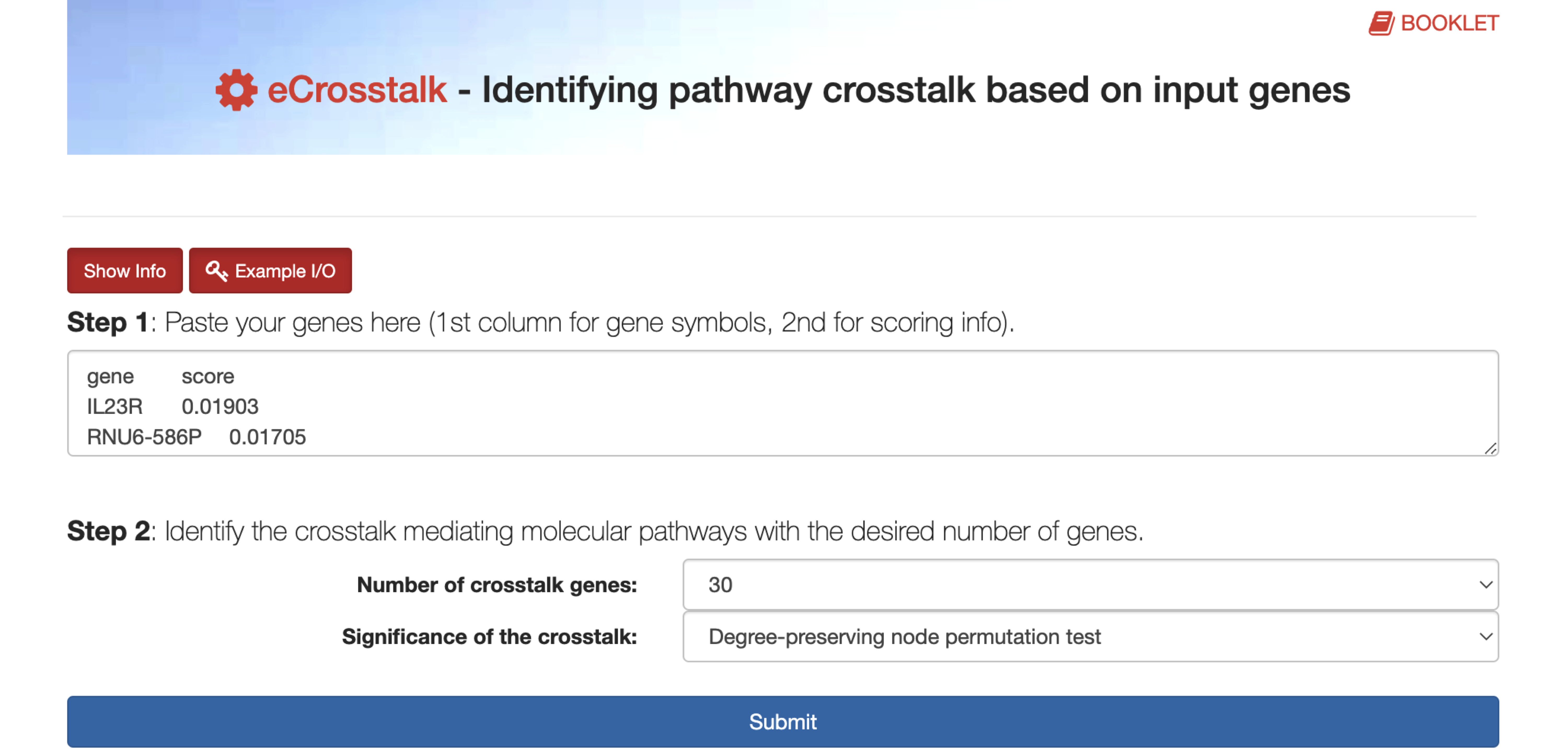 The interface of the `eCrosstalk`, exploiting the information of well-curated pathway-derived interactions to identify the subnetwork of highly ranked genes that mediate pathway crosstalk. The `Show/Hide Info` toggle button introducing how to use the `eCrosstalk`, including input, output, mechanism, etc.