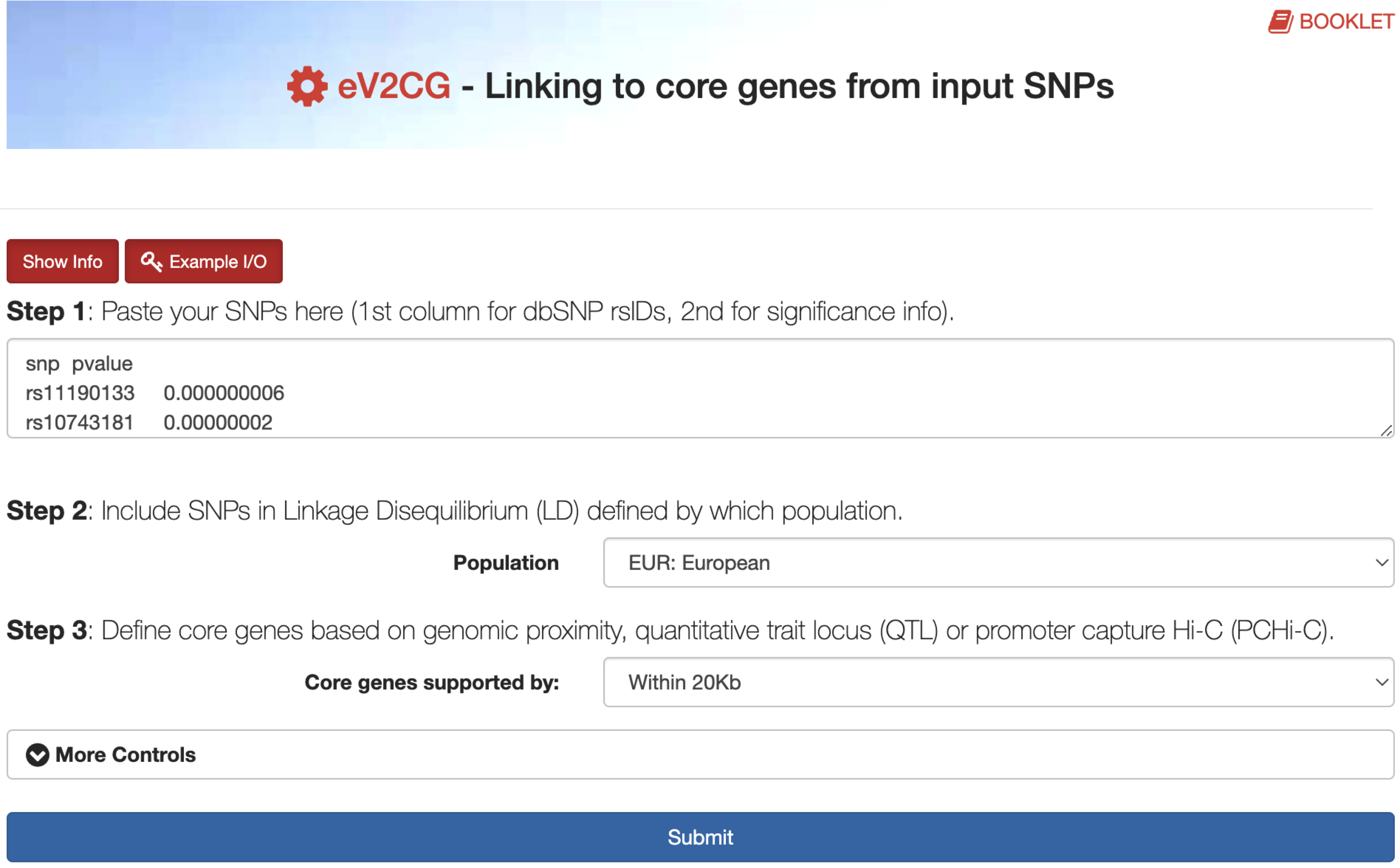 The interface of eV2CG, linking disease associated variants (particularly located at the non-coding genomic region) to (core) genes likely responsible for associations, based on either promoter capture Hi-C (PCHi-C; conformation evidence), quantitative trait locus (QTL) mapping (that is, genetic regulation of gene expression or protein abundance), or simply genomic proximity. The `Show/Hide Info` toggle button contains the help information on how to use the `eV2CG`, including input, output, mechanism, etc.
