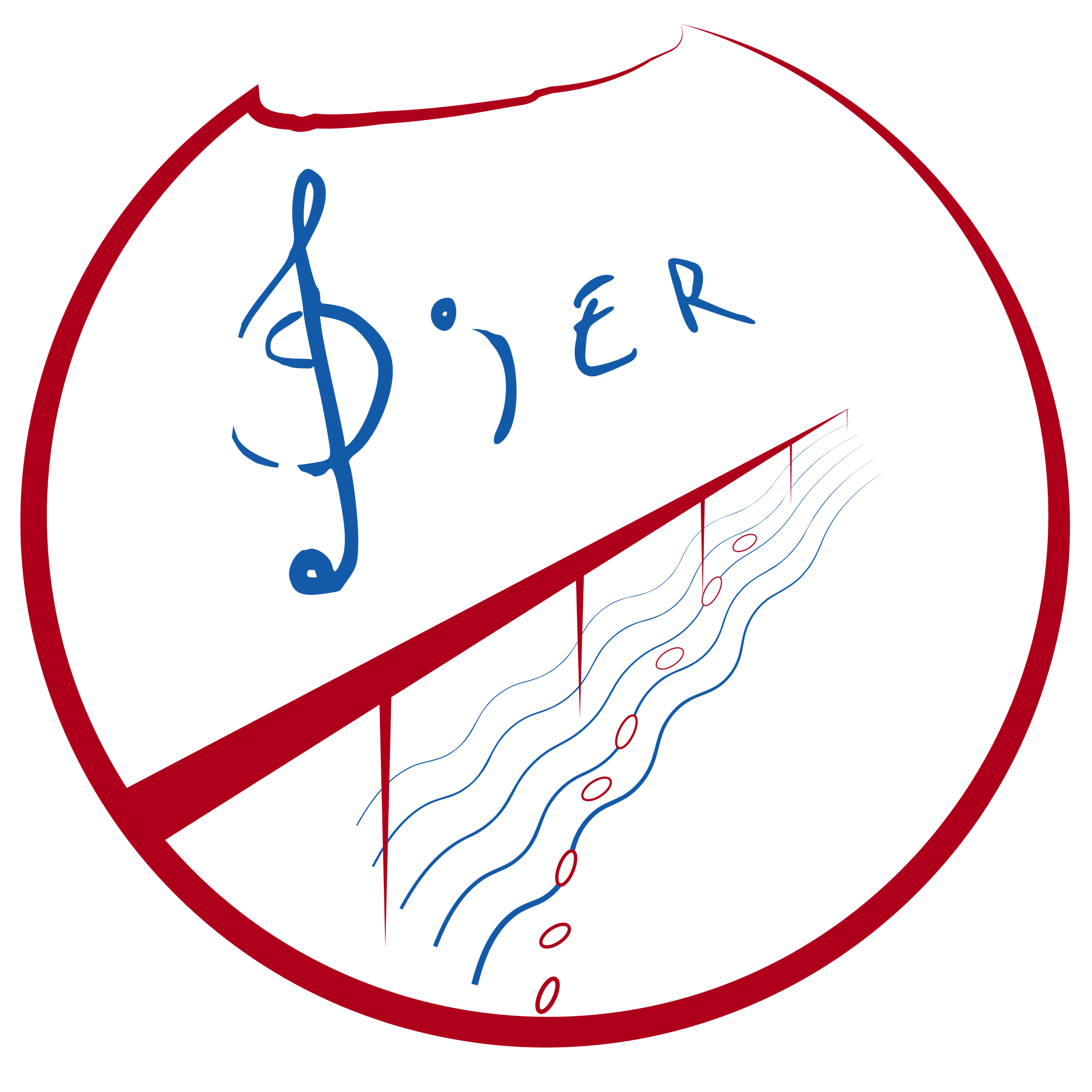 The logo for the PiER. The above-water pillar structure in red (symbolising the infrastructure) and water waves in blue (by analogy the piano stave) collectively illustrate the web-based PiER facilities enabling ab initio and real-time genetic target prioritisation.